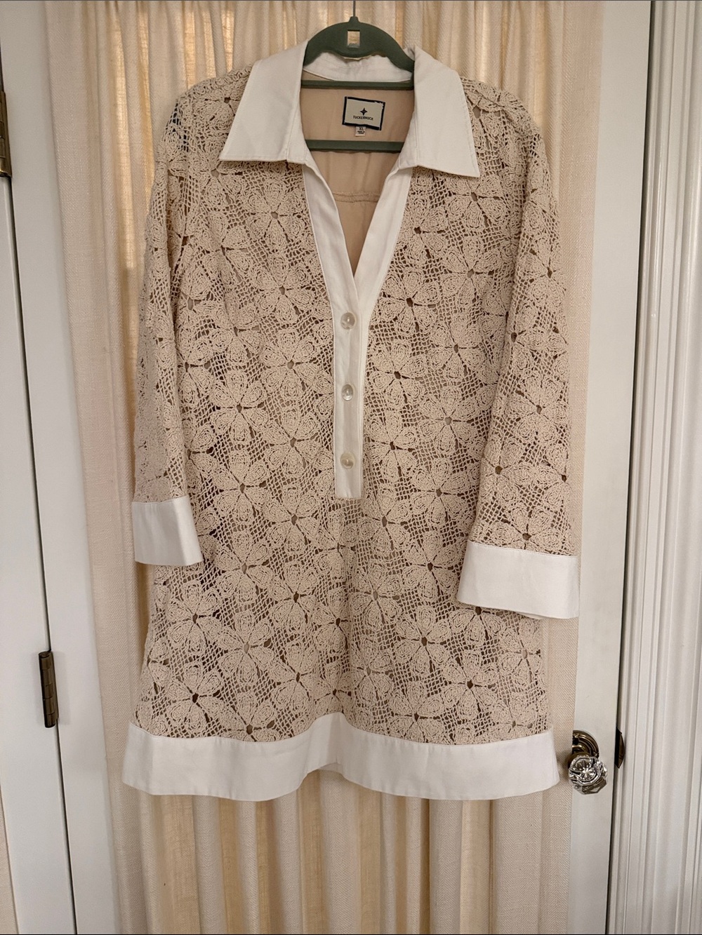 Tuckernuck Cream Crochet Shirt Dress with White Trim